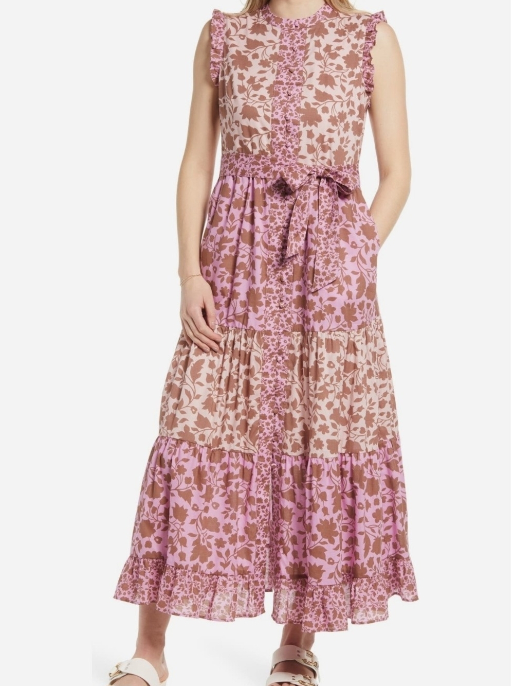 Bodem Women's Pink Floral Tiered Midi Dress with Tie Waist